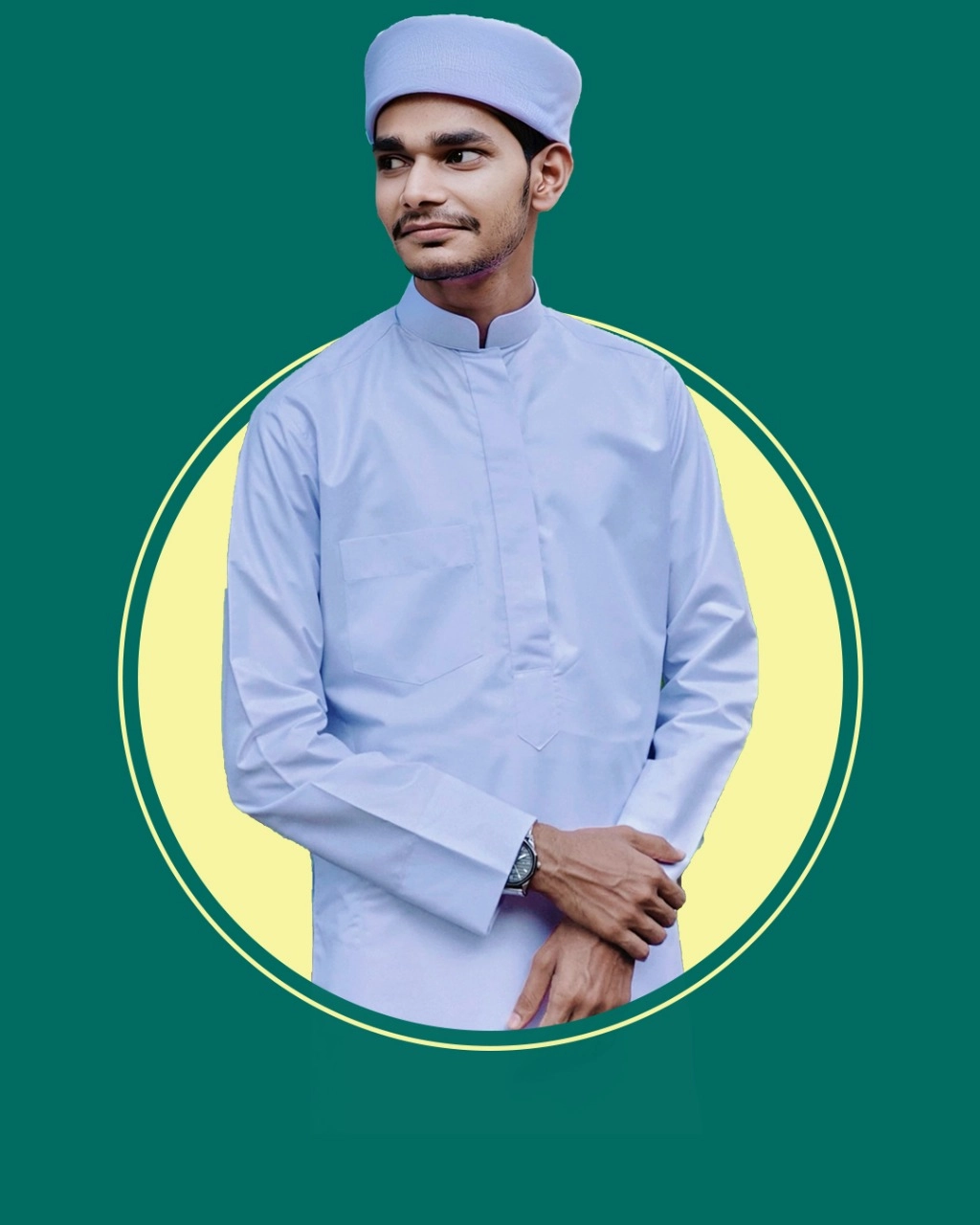A man wearing light blue traditional clothing and a matching cap, standing with folded hands, looking to the side, with a green and yellow circular background.